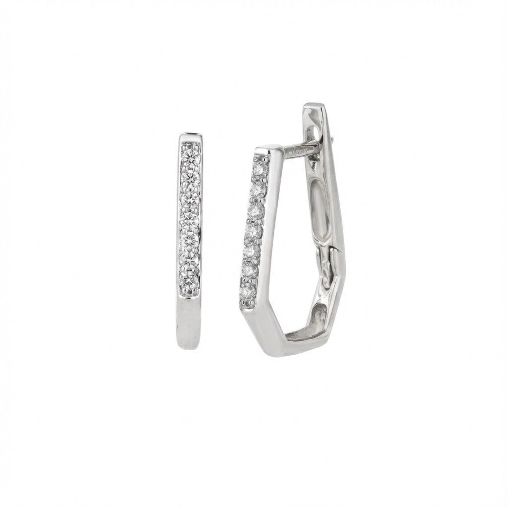White gold hoop earrings with embedded diamonds on a white background

