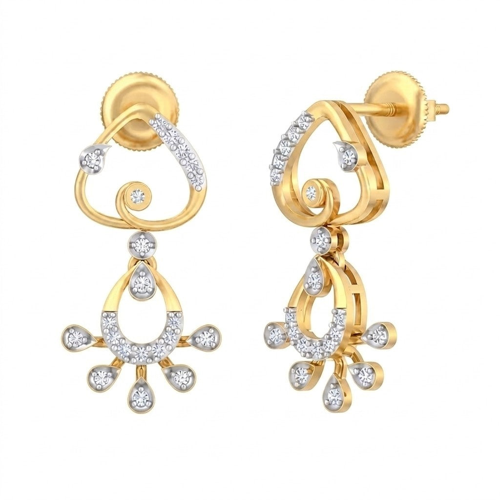 Yellow gold and diamond drop earrings on a white background