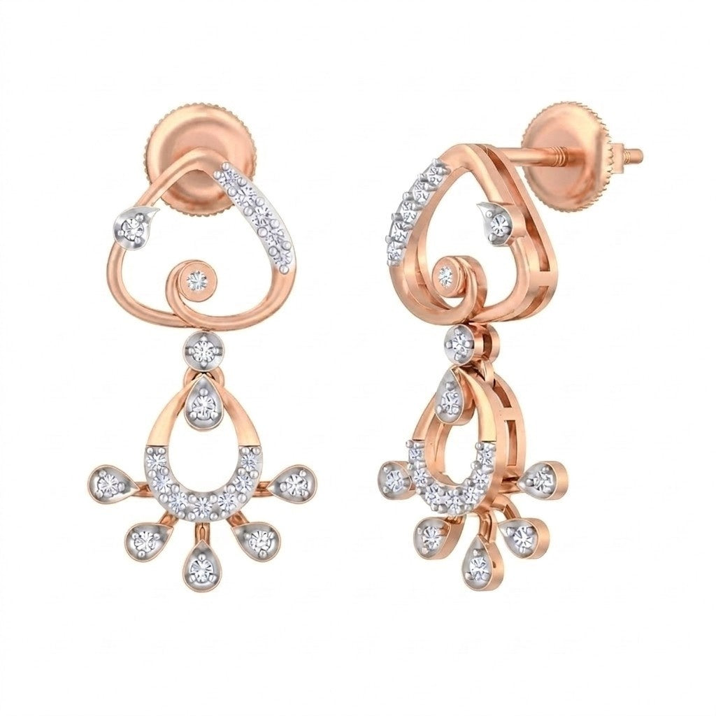 Rose gold and diamond drop earrings on a white background