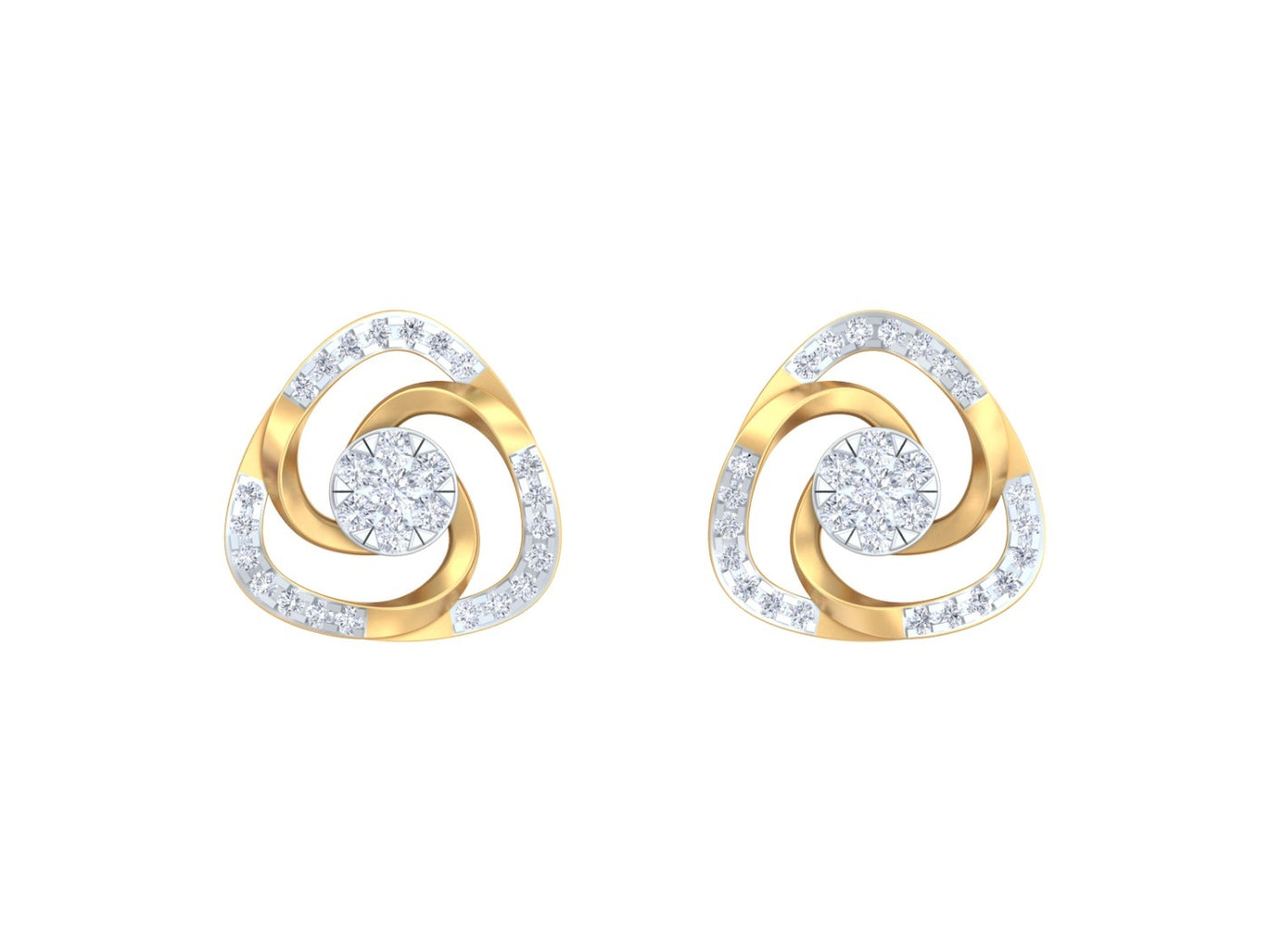 Yellow gold and diamond stud earring on a white background.