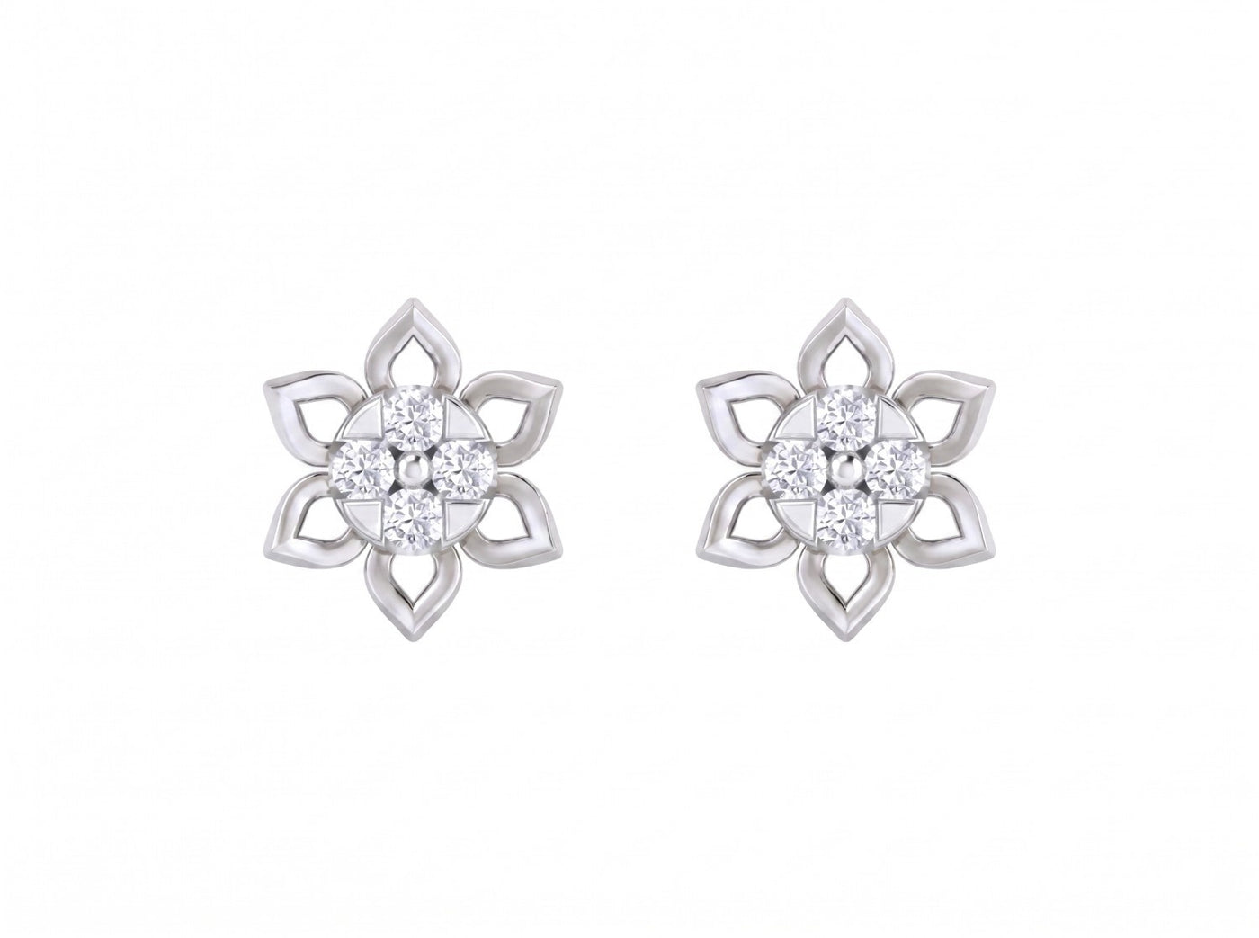 White gold and diamond floral earrings on a white background.