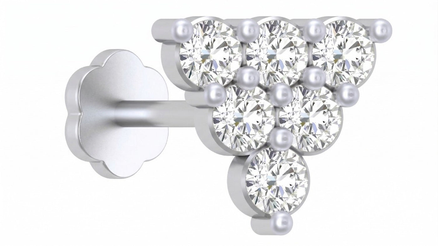 white gold and diamond stud nose pin triangle-shaped on a white background