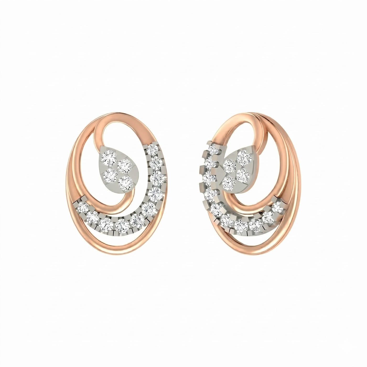 Rose gold and diamond stud earrings with round-shaped on a white background