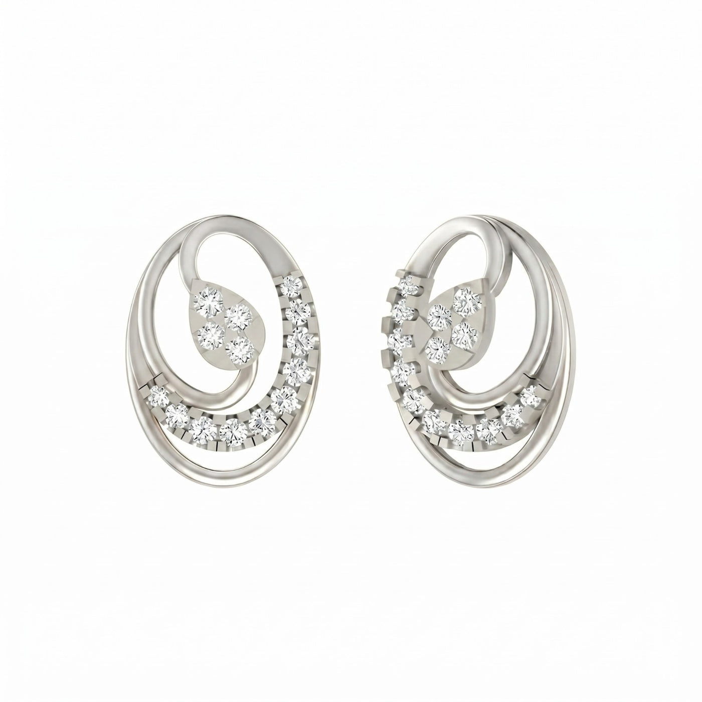 White gold and diamond stud earrings with round-shaped on a white background