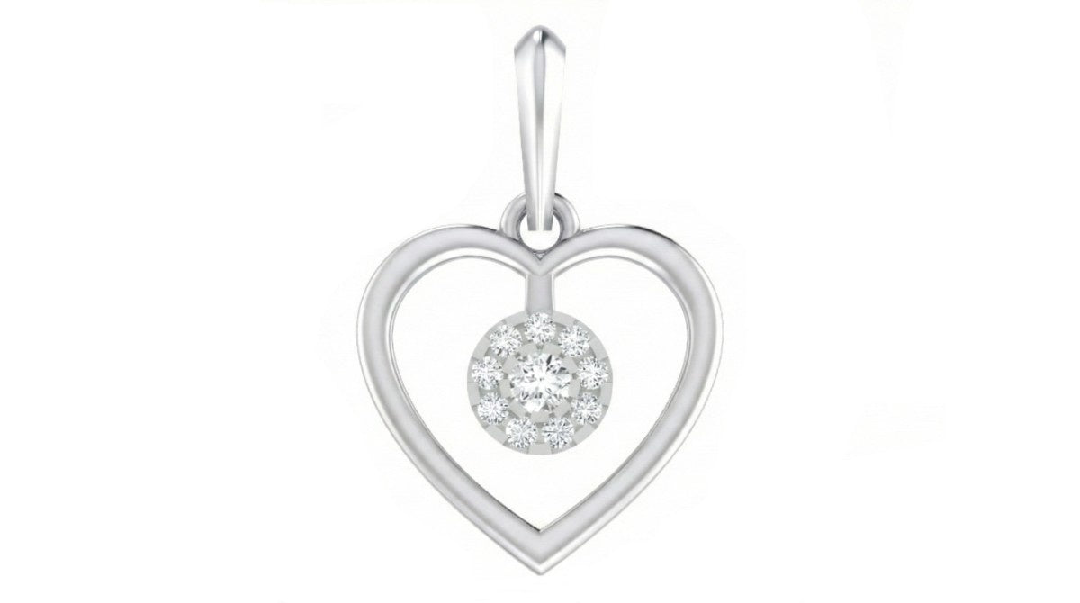 white gold heart-shaped pendant with a small round diamond on a white background