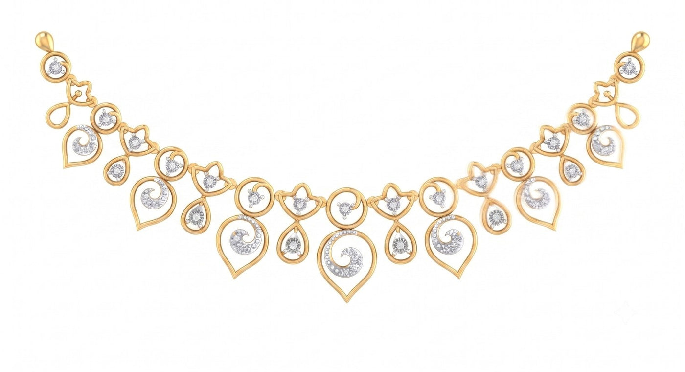 Yellow gold necklace with diamonds on a white background.