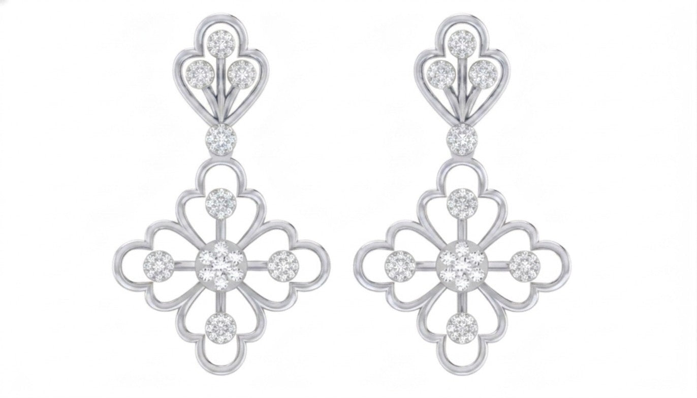 White gold and diamond drop earring on a white background.