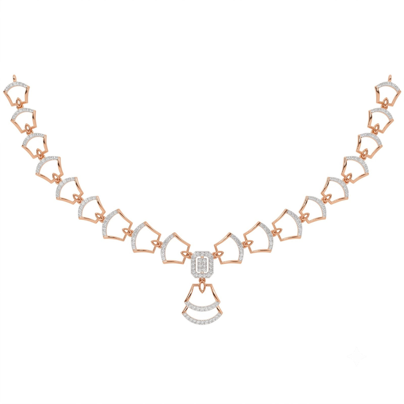 Rose gold and diamond necklace with a geometric design on a white background.