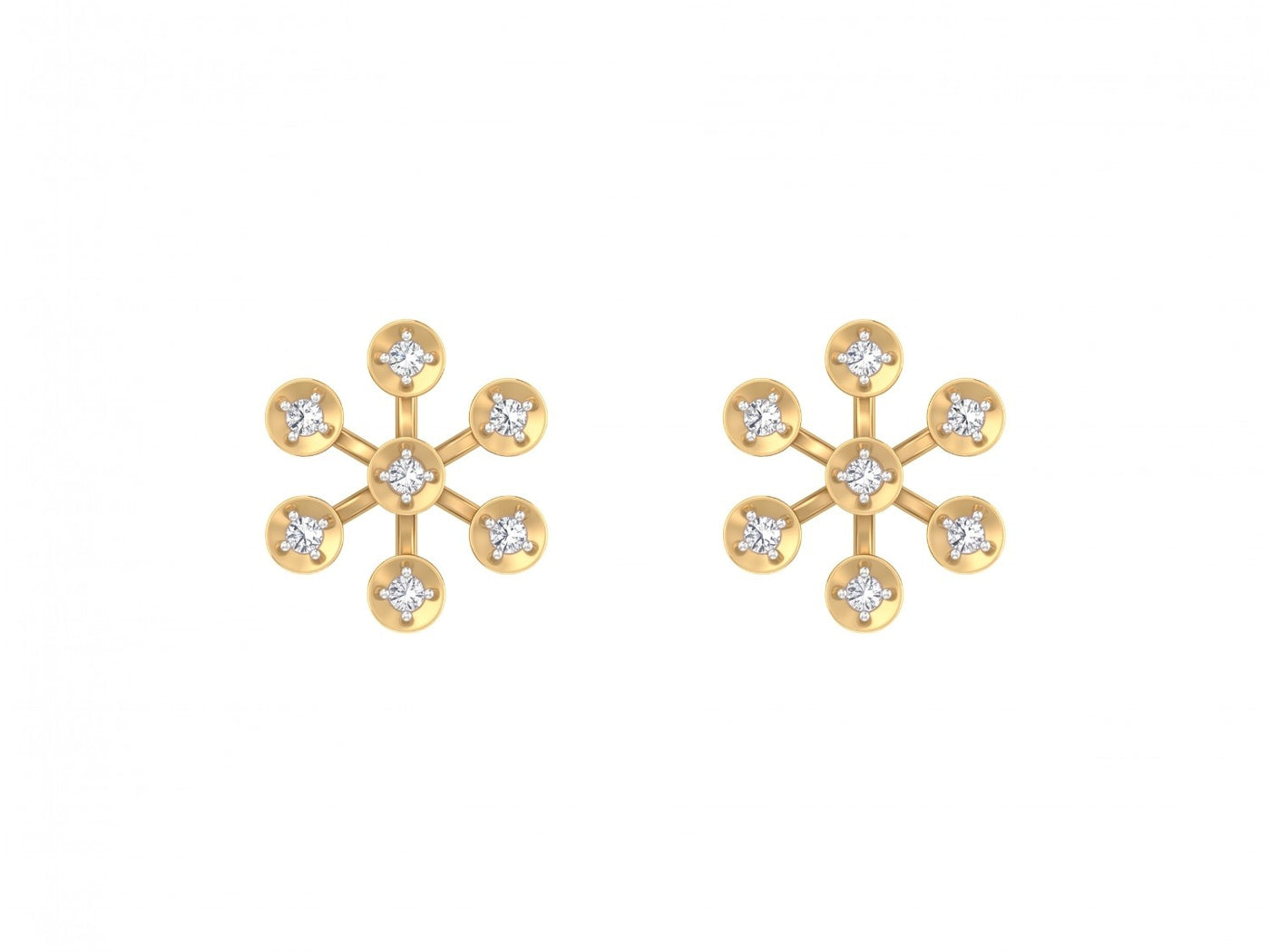 Yellow gold and diamond floral stud earring on a white background.