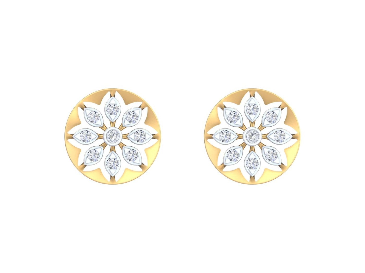 Yellow gold and diamond round-shaped stud earring with floral-design on a white background.
