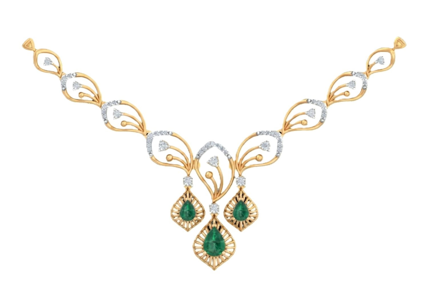 Gold and  diamond necklace with three green emerald-cut teardrop pendants.