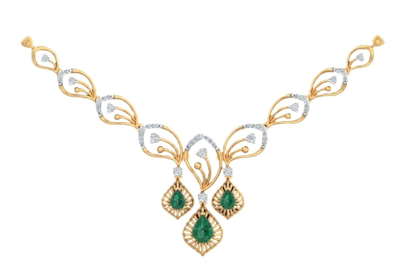 Yellow gold and diamond necklace with three green emerald-cut teardrop gemstone.