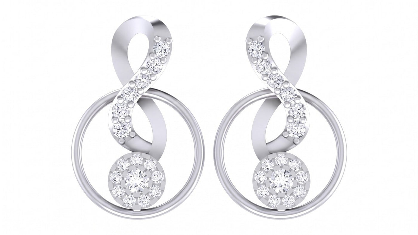 White gold and diamond stud earring with round-shaped on a white background.