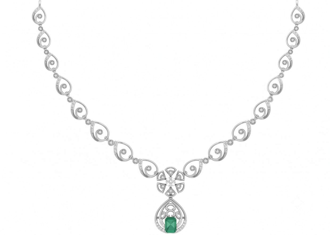 A white gold and diamond necklace featuring a central emerald-cut green gemstone, set against a plain white background.