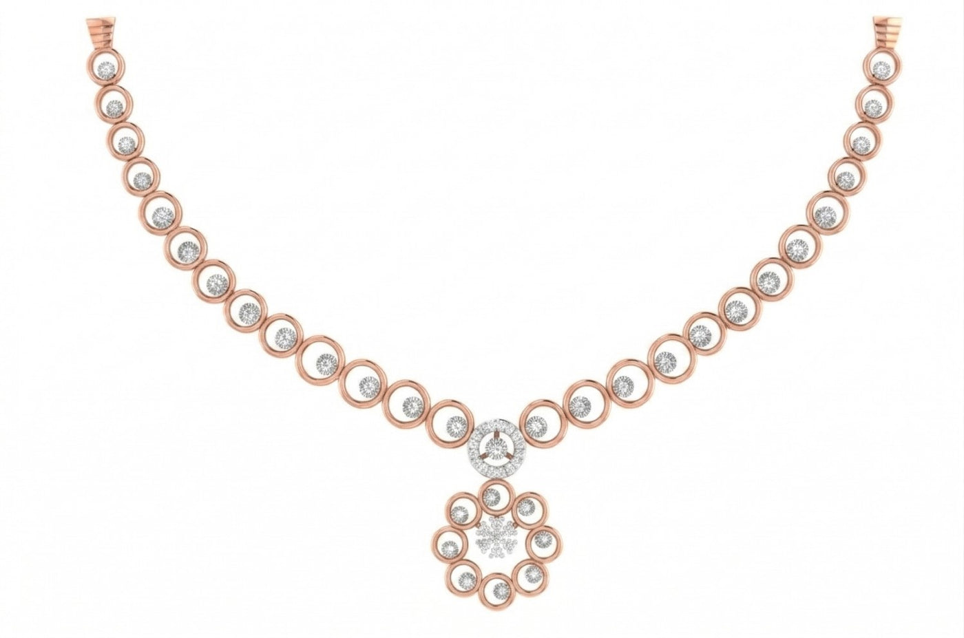 A rose gold and diamond necklace featuring a repeating pattern of oval links with round clear stones, on a white background.