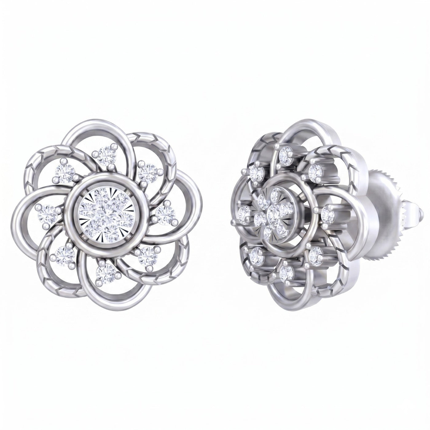 A pair of white gold earrings with sparkling diamonds, designed with intricate floral patterns.