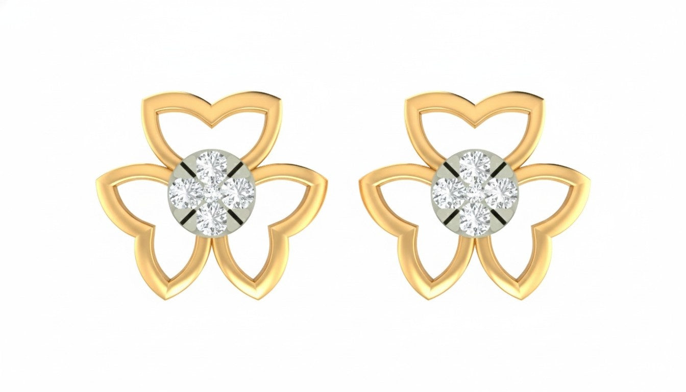 Yellow gold and diamond floral-shaped earrings on a white background