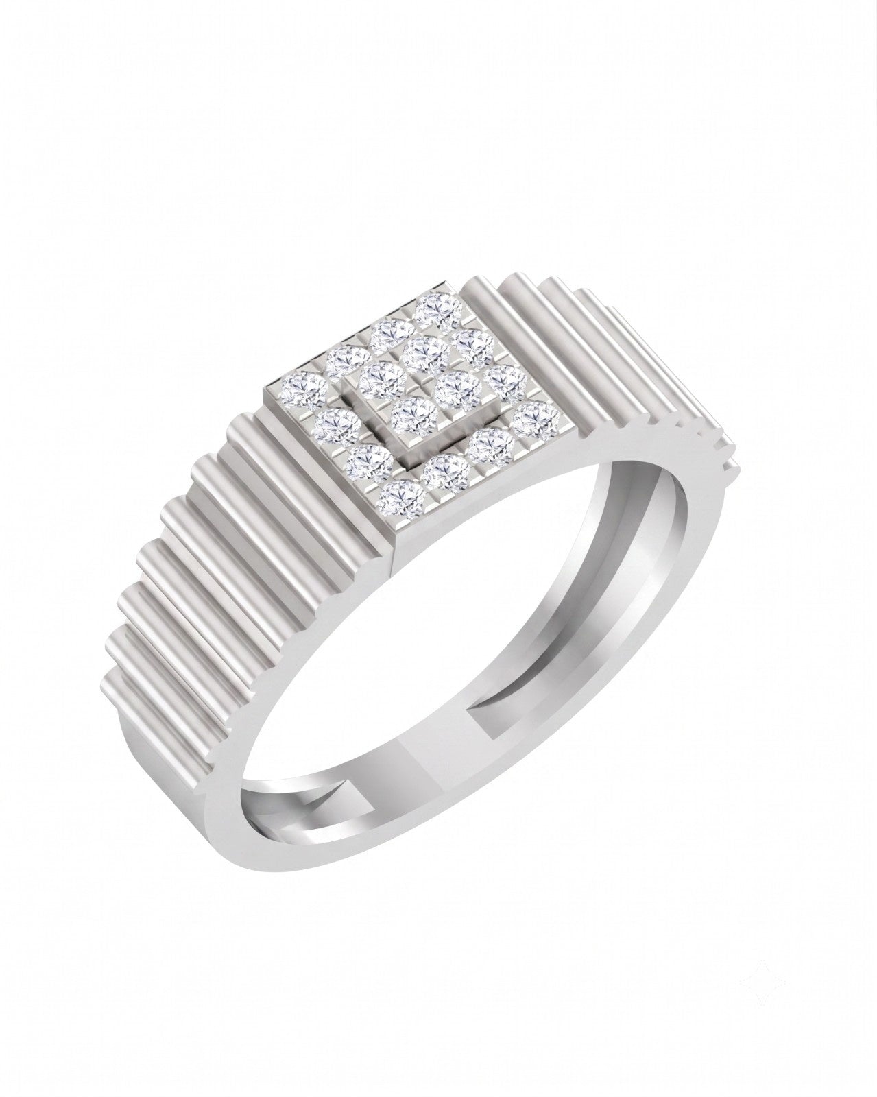 A white gold ring with a square diamond setting featuring a central diamond, set on a plain white background.