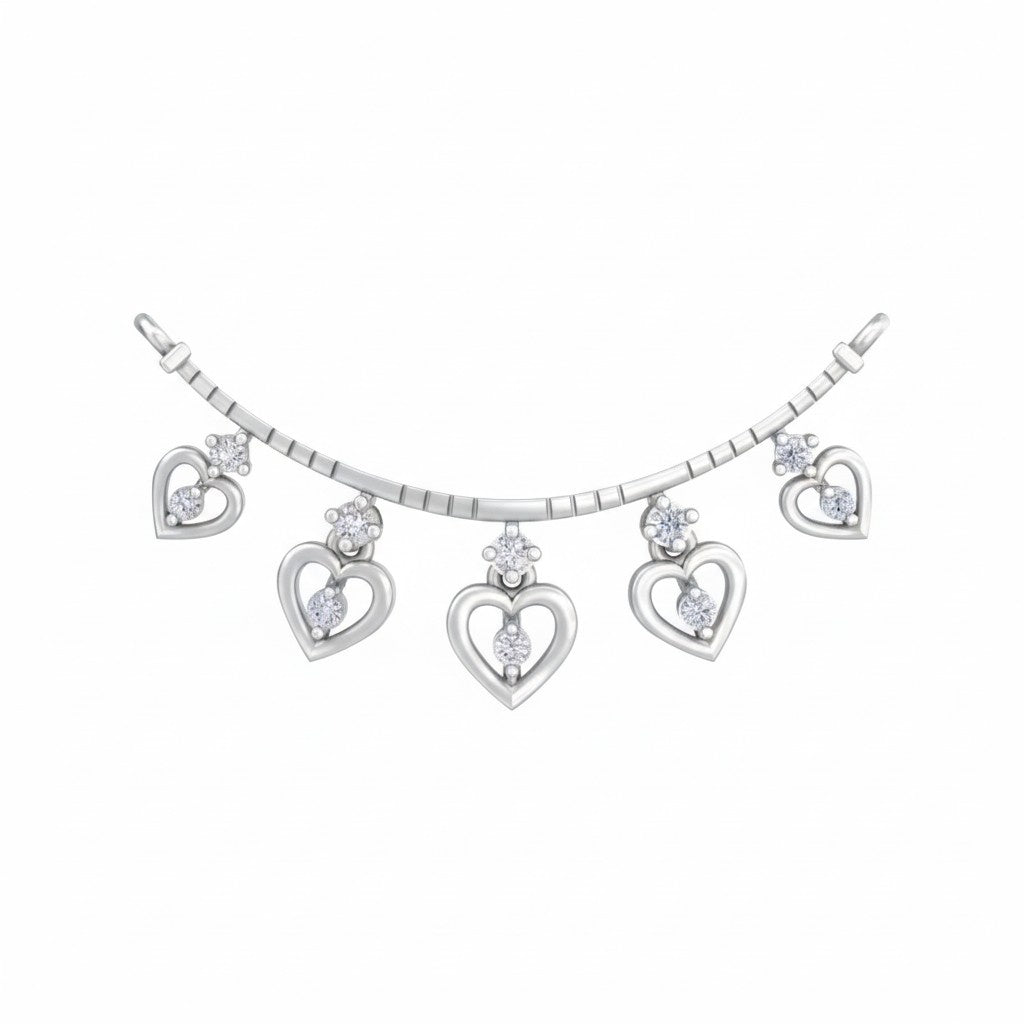 White gold heart charm gold and diamond mangalsutra featuring five dangling heart charms, each adorned with set against a plain white background.