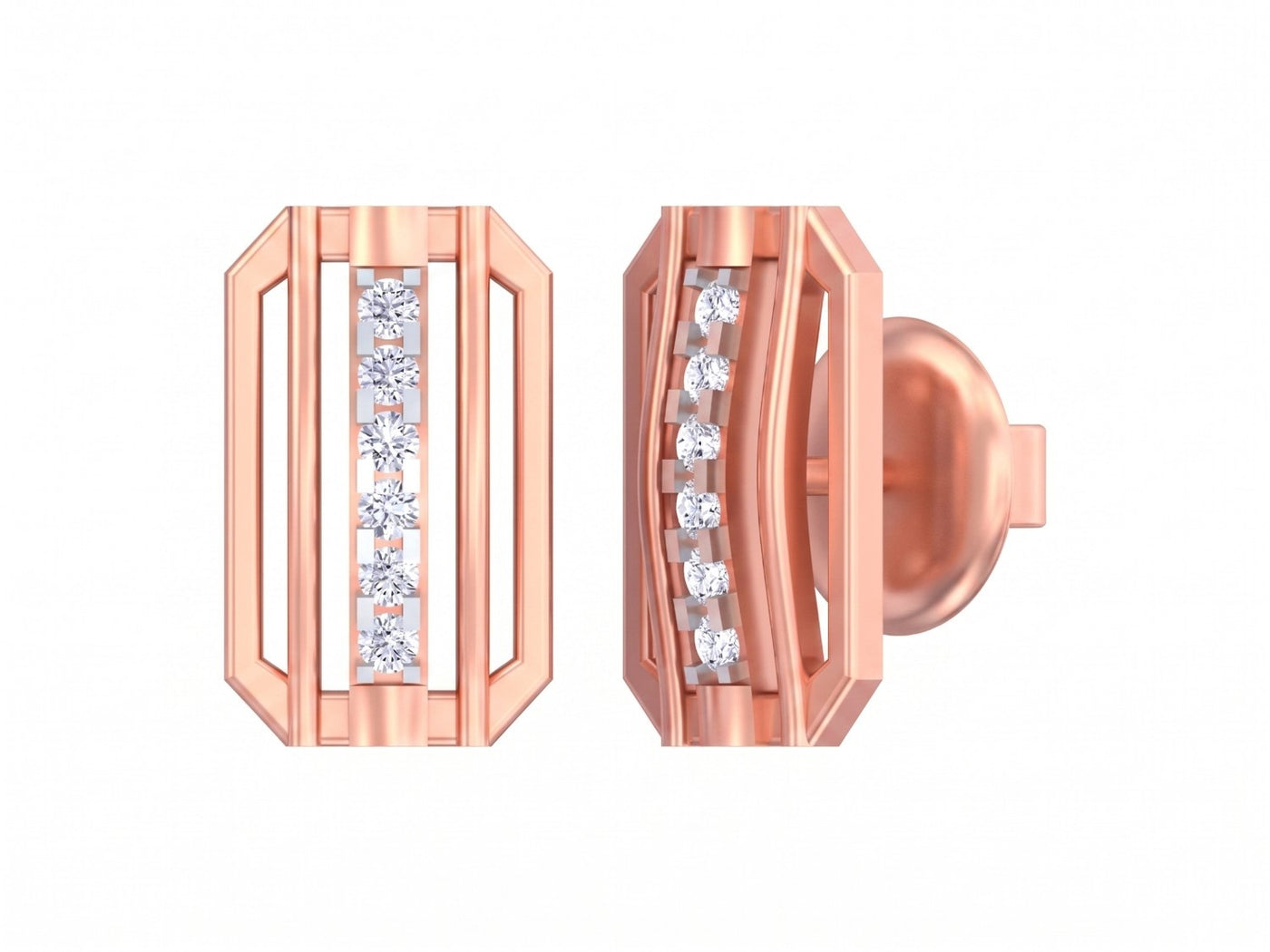 Rose gold and diamond stud earring on a white background.