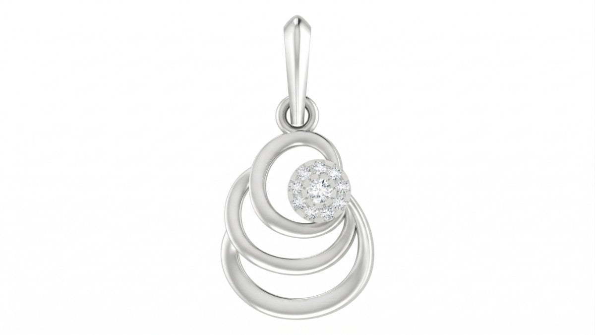 white gold pendant with interlocking rings and a small diamond on a white background