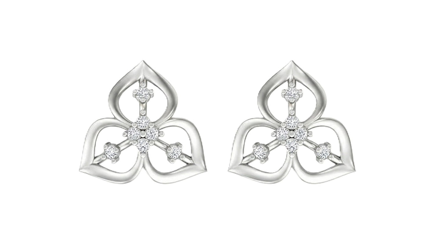White gold and diamond stud earrings on a white background.