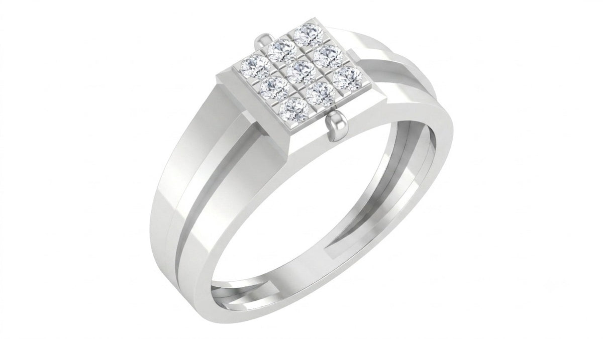A white gold ring with a square diamond cluster on top, shown on a plain white background.