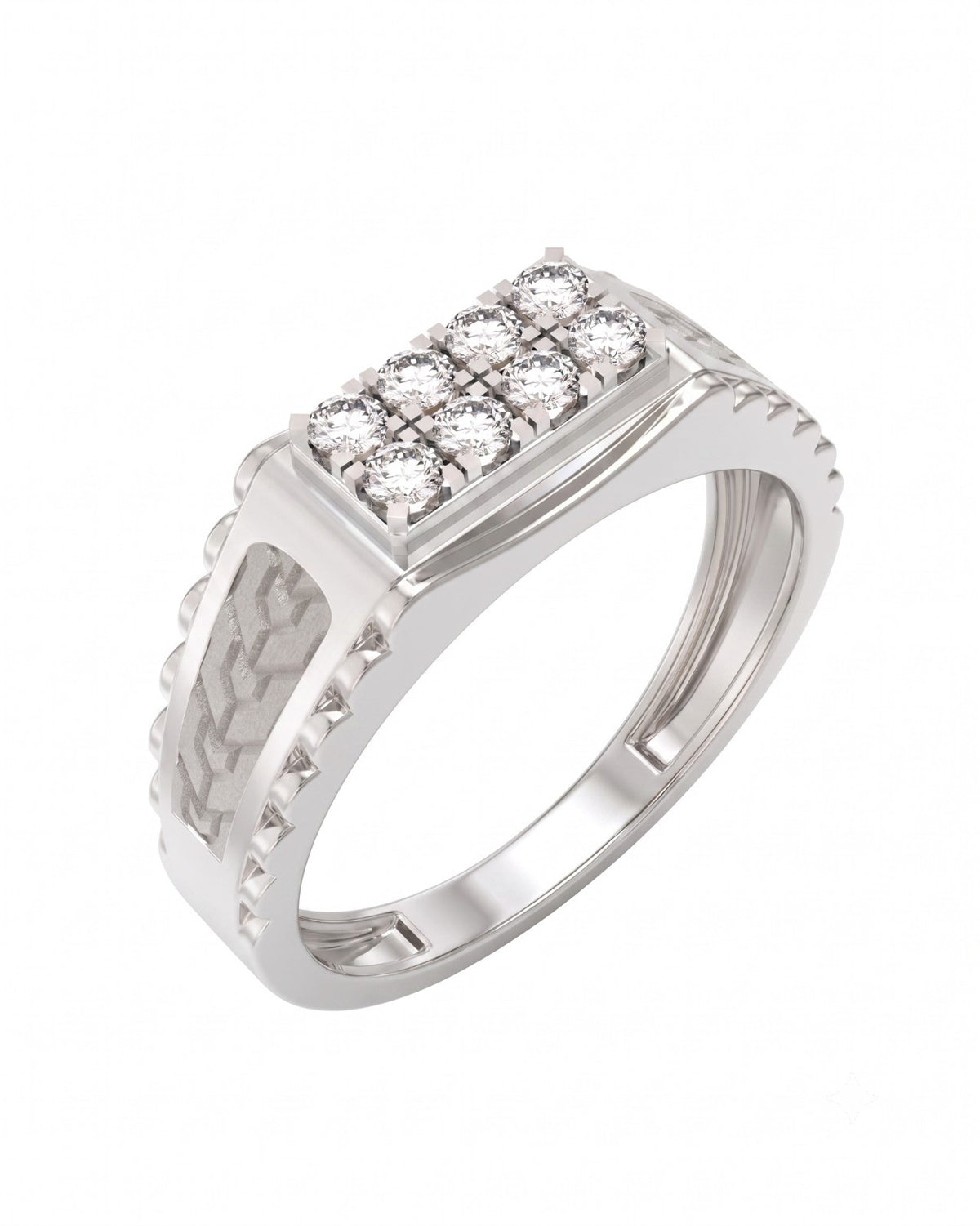 White gold and diamond band ring for men featuring a sparkling diamond accents.