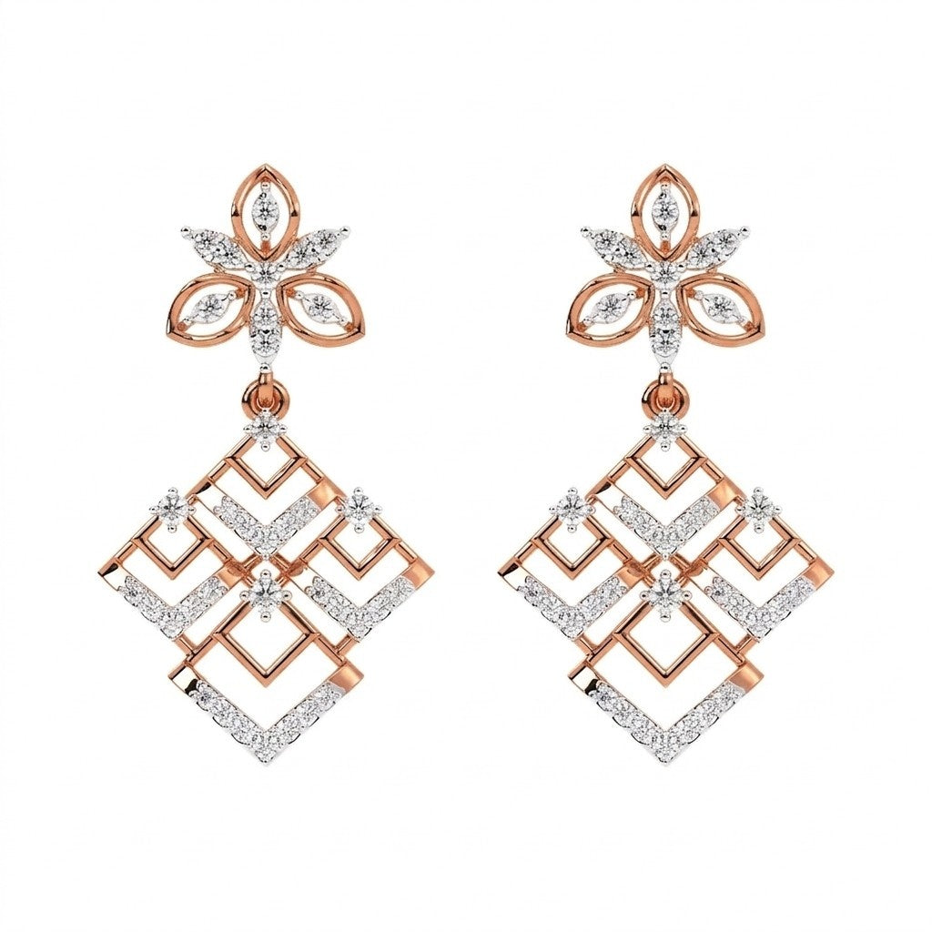 Pair of rose gold and diamond earrings on a white background
