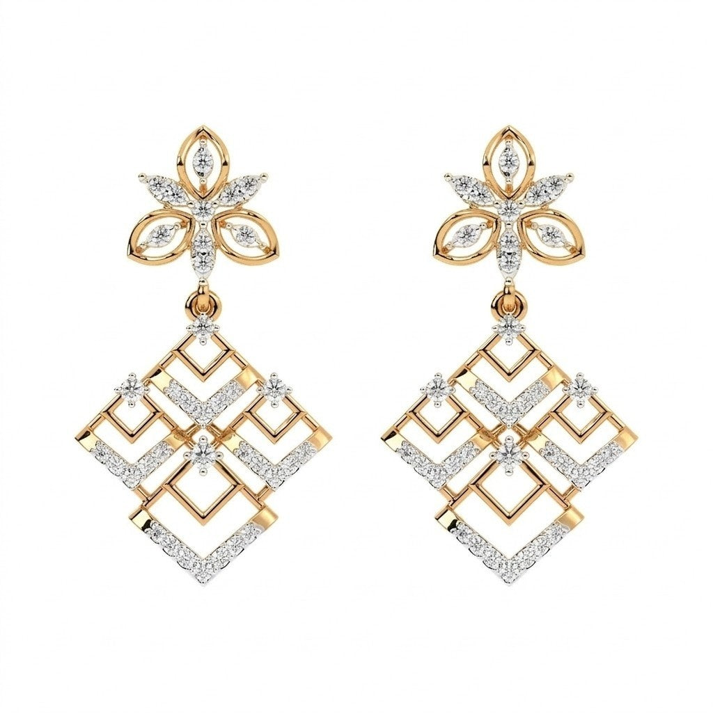 A pair of yellow gold and diamond dangler earrings, featuring a floral stud top and a geometric diamond-shaped dangle.
