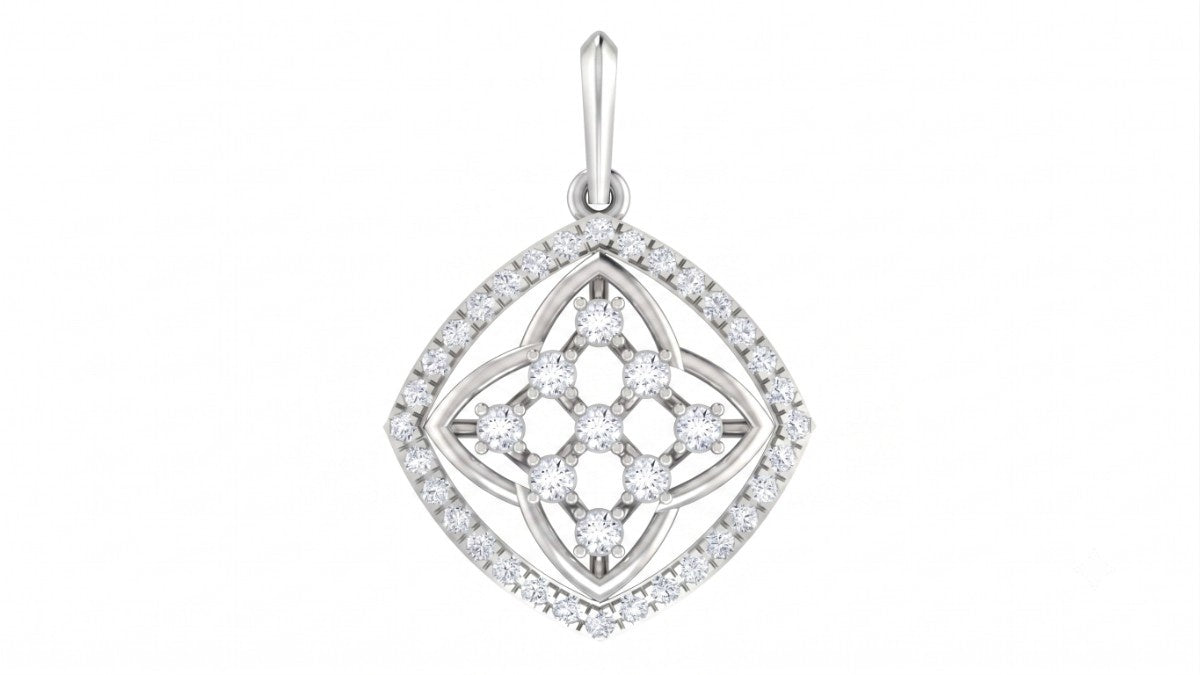 White gold and diamond floral pendant on white background