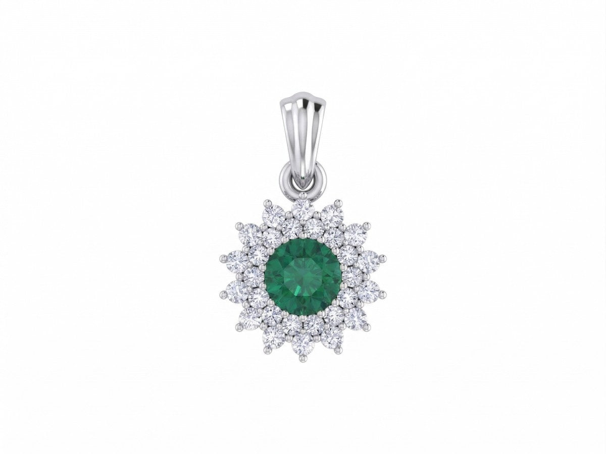 White gold and diamond pendant with gemstone on white background