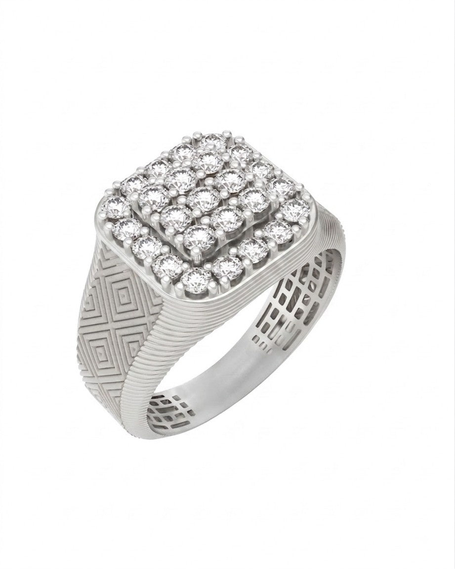 A white gold signet ring featuring a square top pavé-set, set against a plain white background.