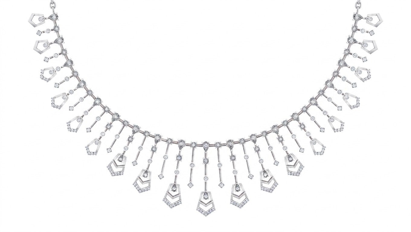 White gold necklace with teardrop-shaped pendants on a white background
