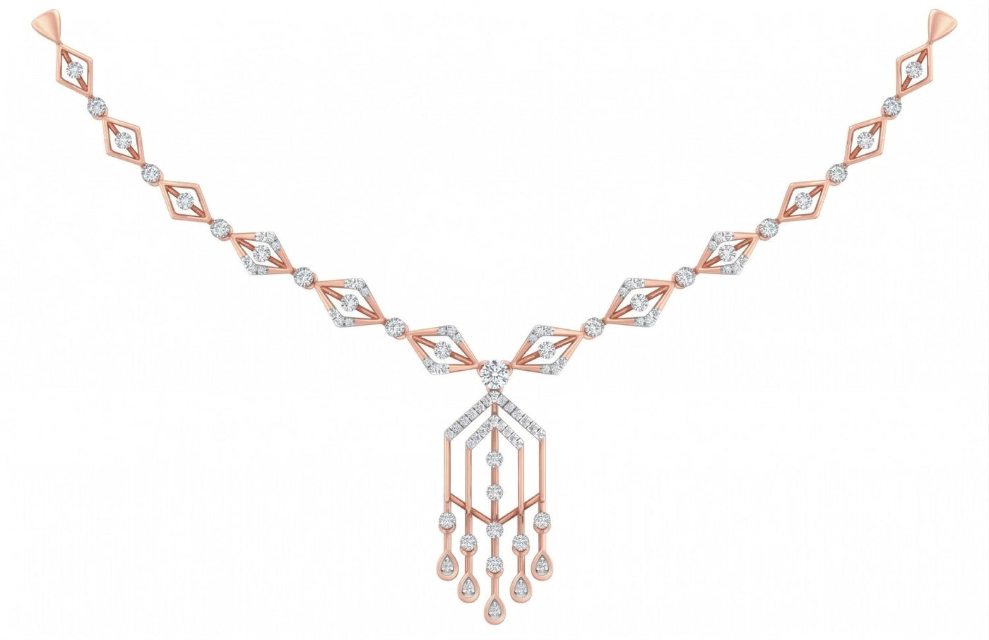 Rose gold necklace with diamond-like stones on a white background