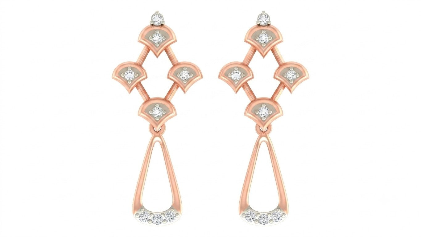 Rose gold and diamond drop earring ona white background.