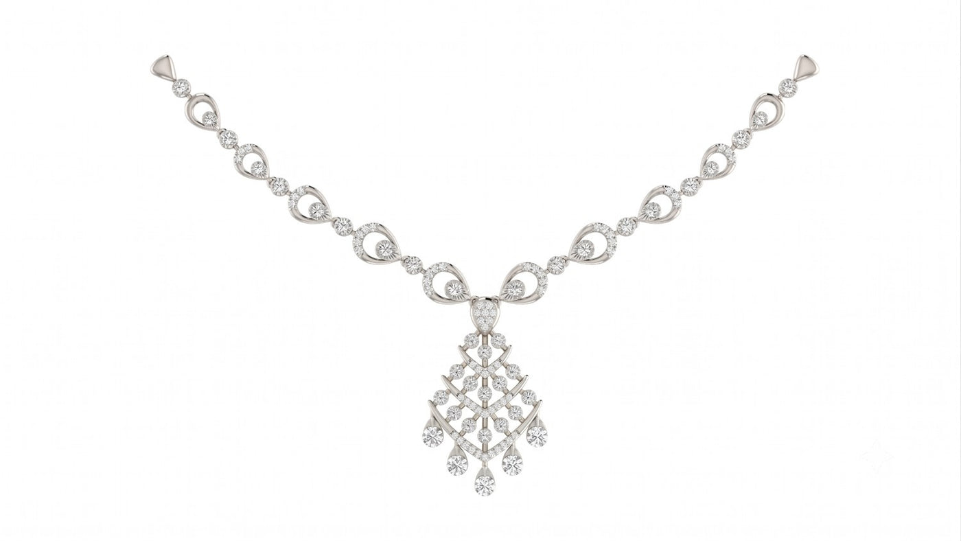A white gold and diamond necklace with teardrop shaped, displayed on a solid white background.