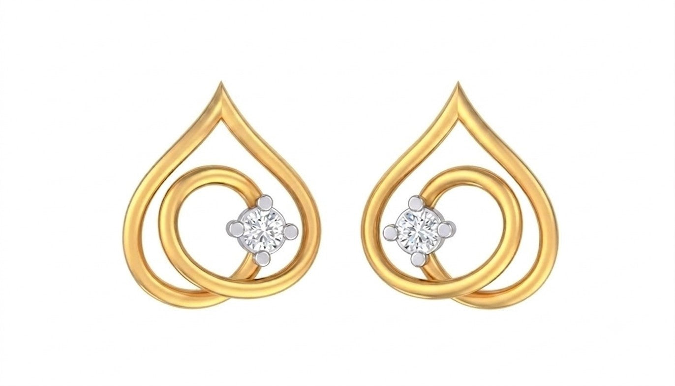 Yellow gold and diamond teardrop-shaped stud earrings with diamond centers on a white background
