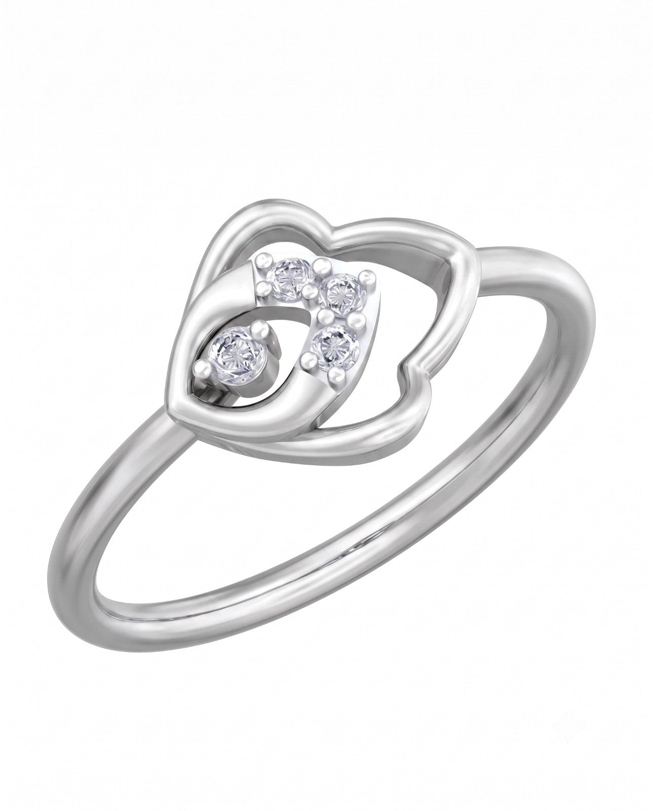 White gold heart-shaped ring with embedded diamonds on a white background