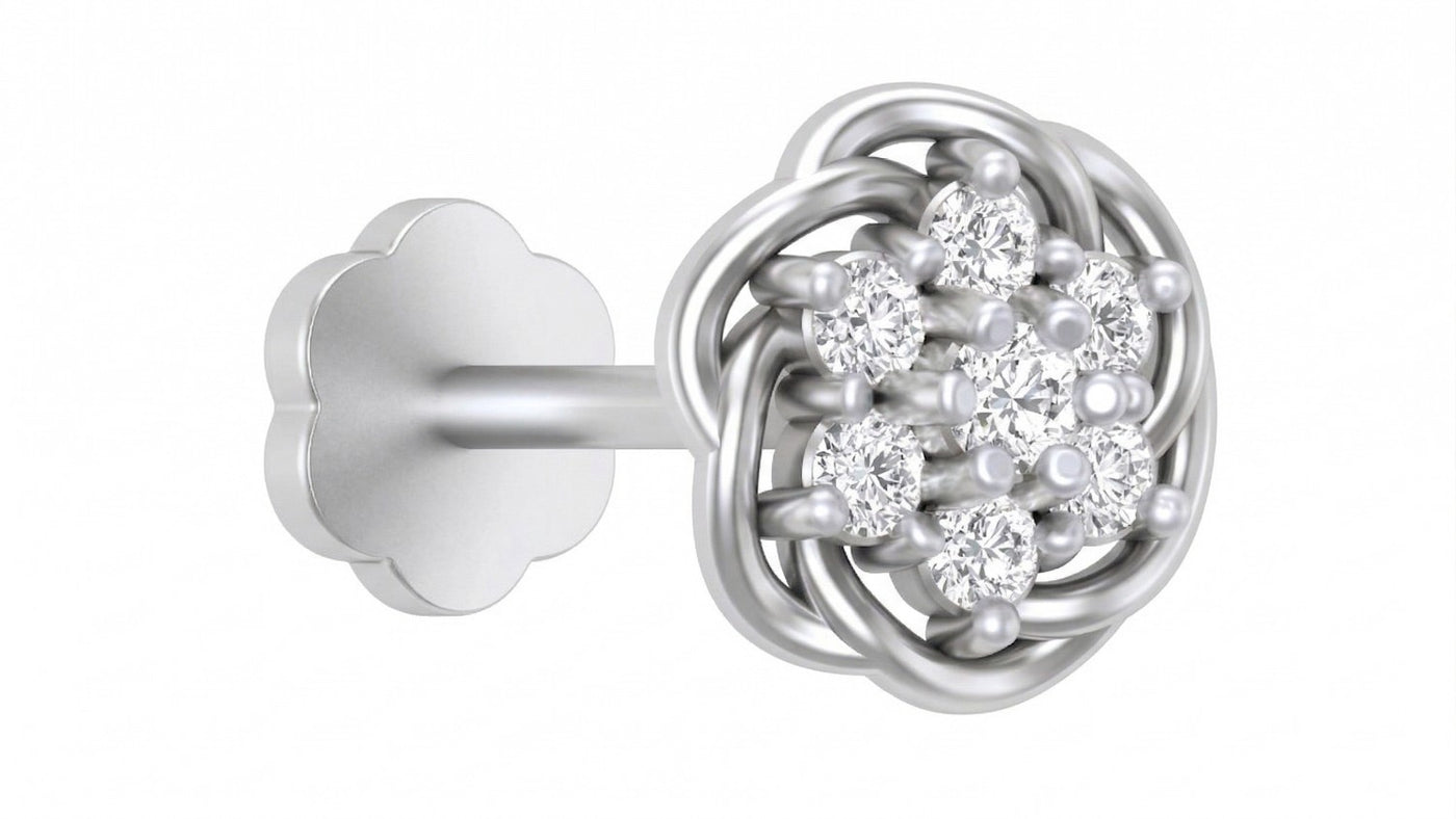 white gold and diamond stud nose pin with clear gemstones white background