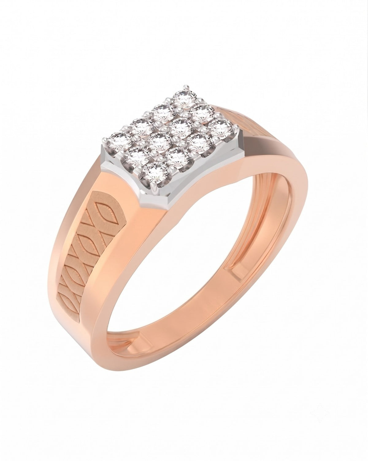 A ring featuring a rose gold band with square-shaped pavé setting, shown on a plain white background.