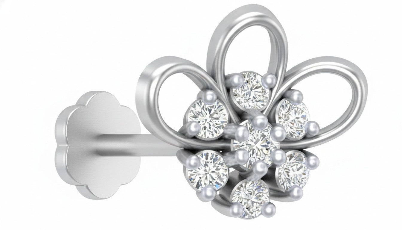 white gold and diamond stud nose pin with floral design on a white background