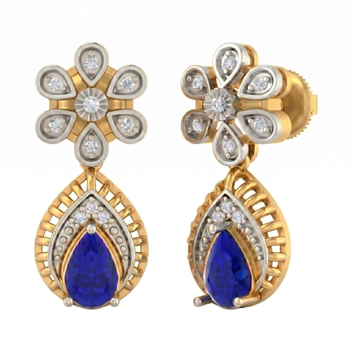 Yellow gold and diamond drop earrings with sapphire gemstones on a white background