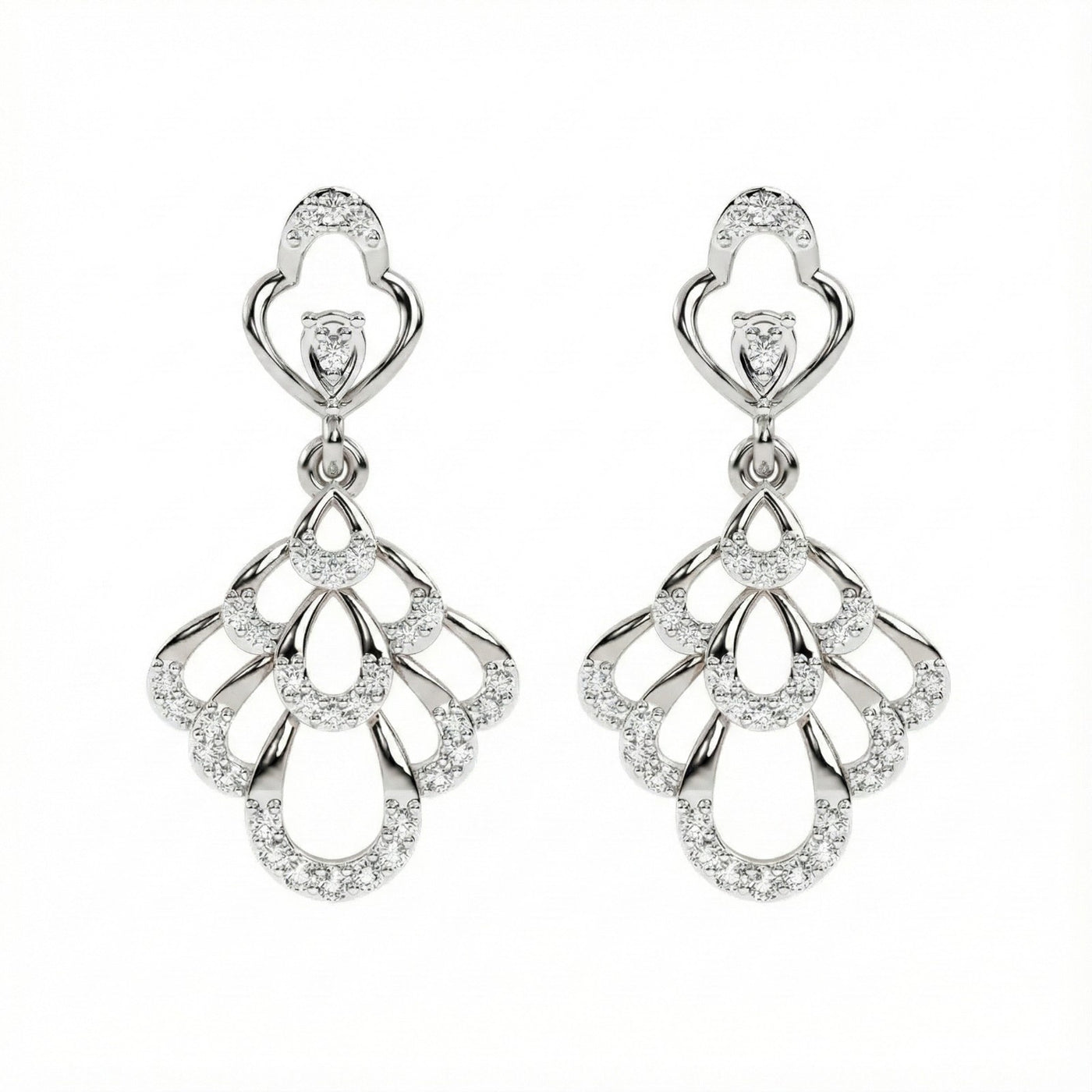 A pair of  white gold earrings with sparkling diamond accents, featuring a leaf-like design with a heart-shaped top.