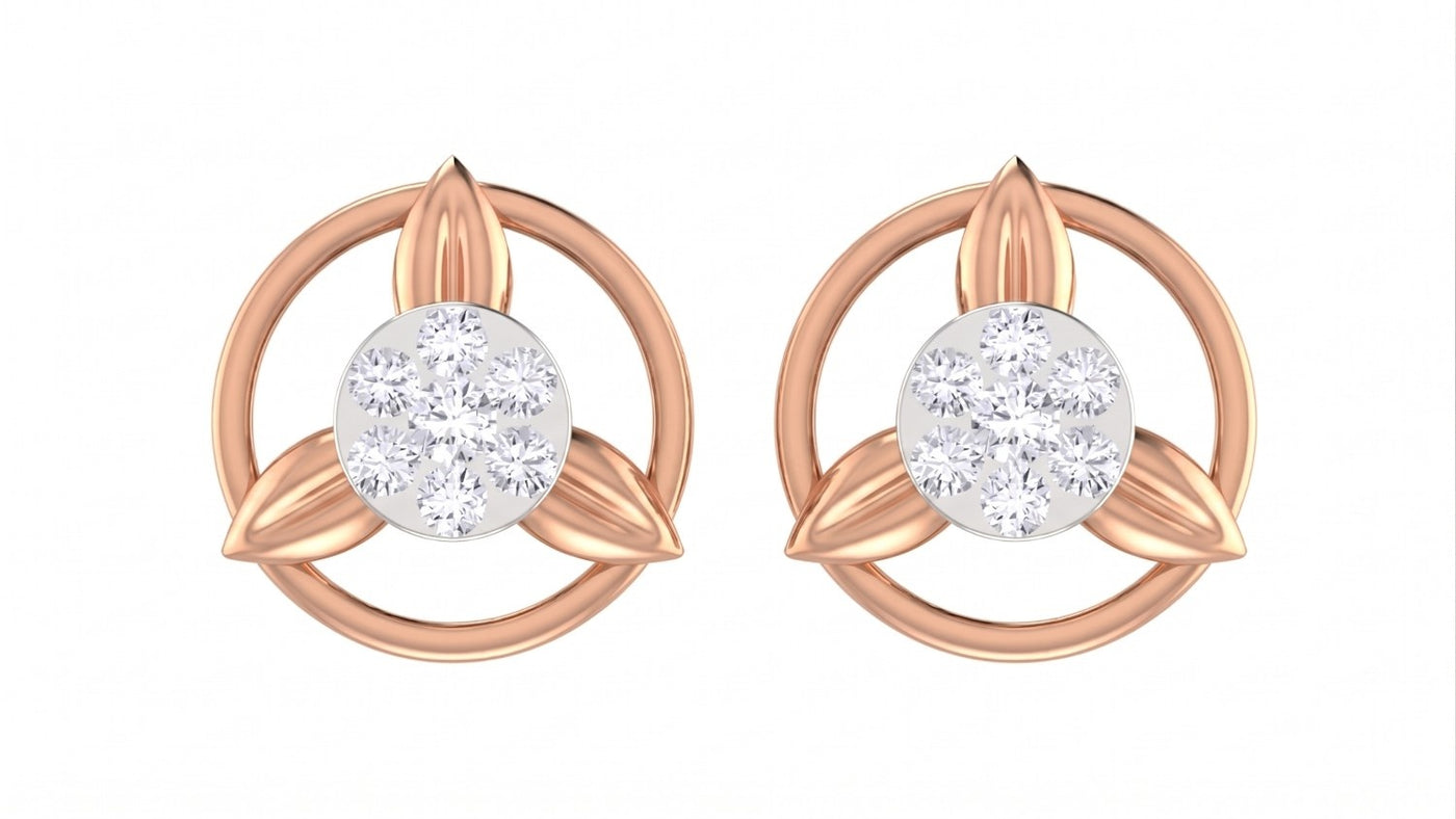 Rose gold and diamond round-shaped stud earrings on a white background