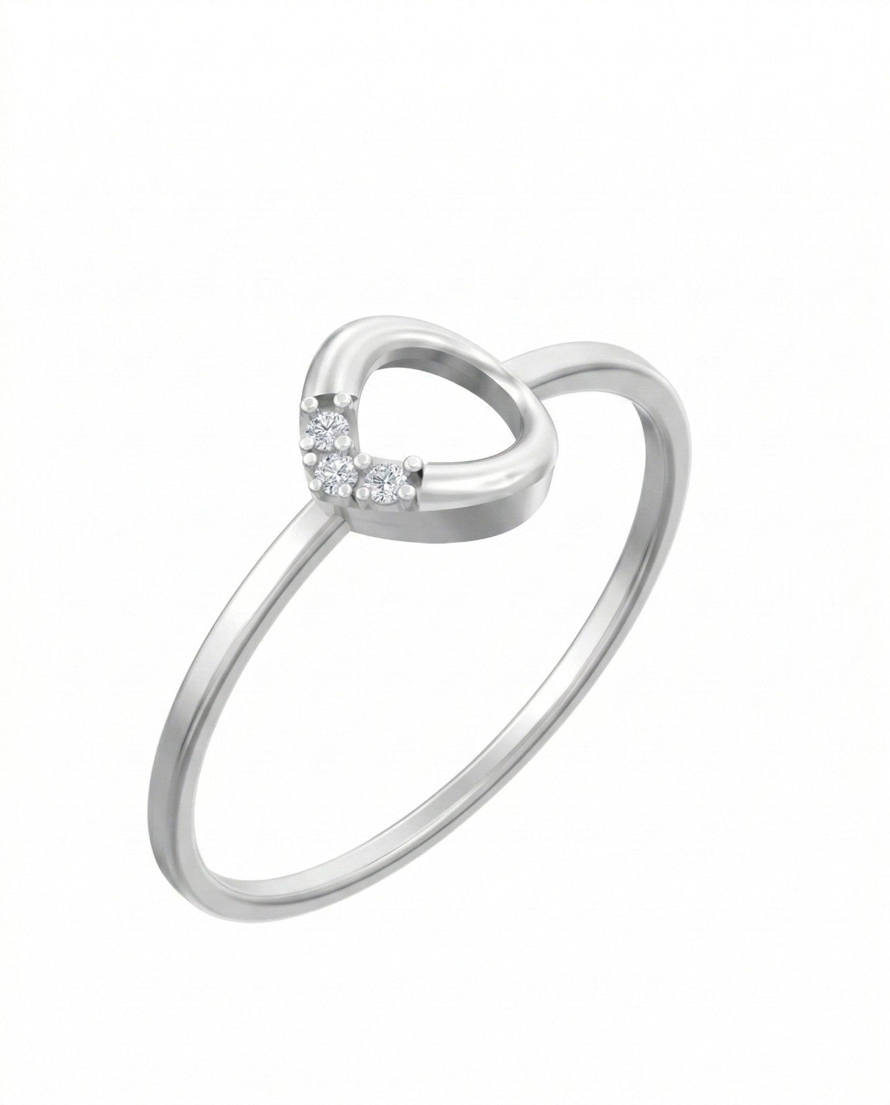 White gold ring with a heart-shaped diamond design on a white background