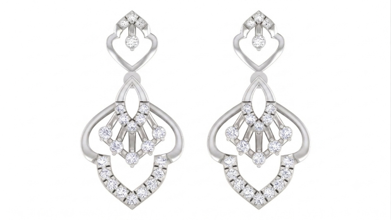 A pair of white gold and white gold drop earrings with diamonds, displayed on a solid white background.