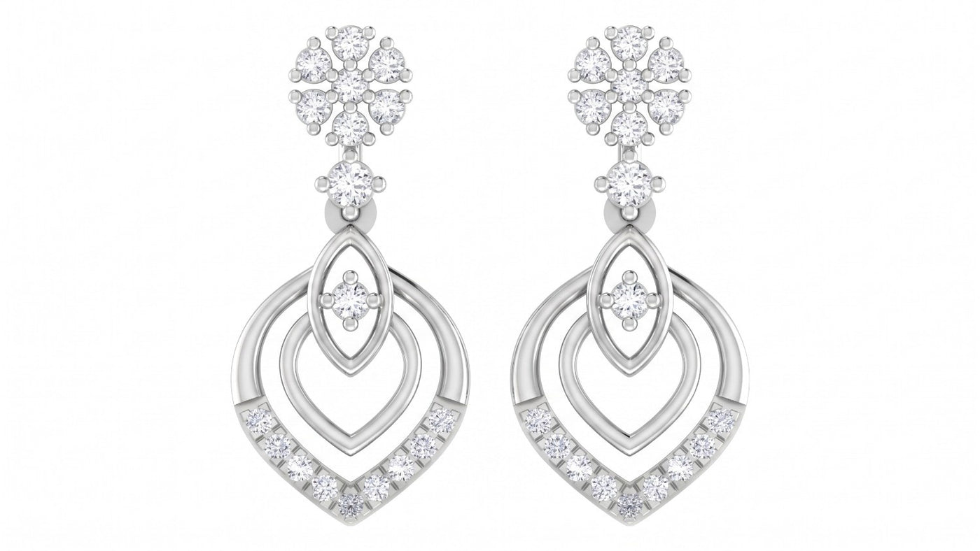 Pair of white gold and diamond drop earrings on a white background