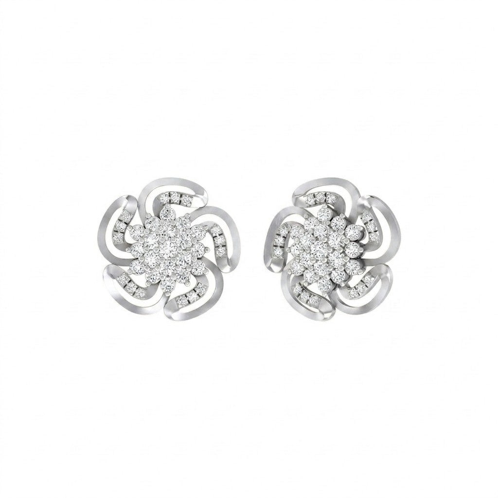 White gold floral earrings with diamond accents on a white background

