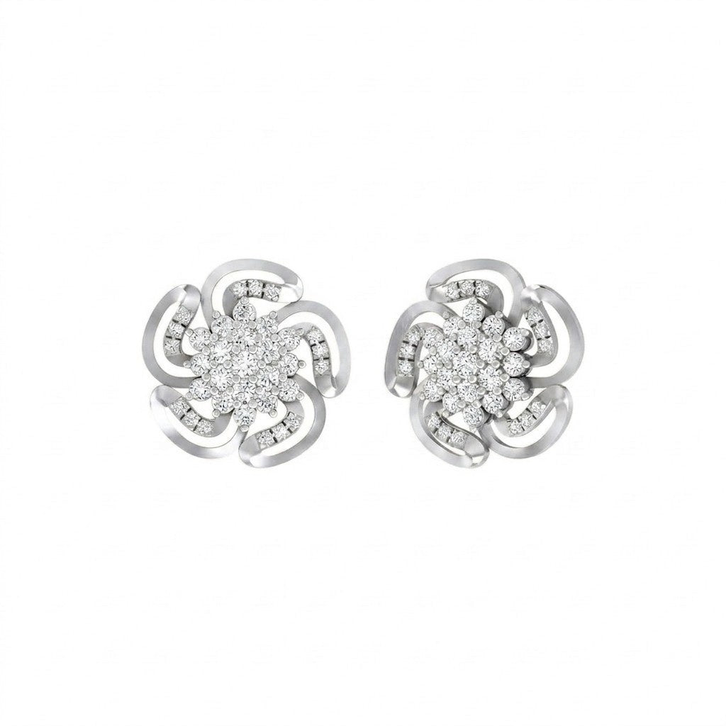 White gold floral earrings with diamond accents on a white background.